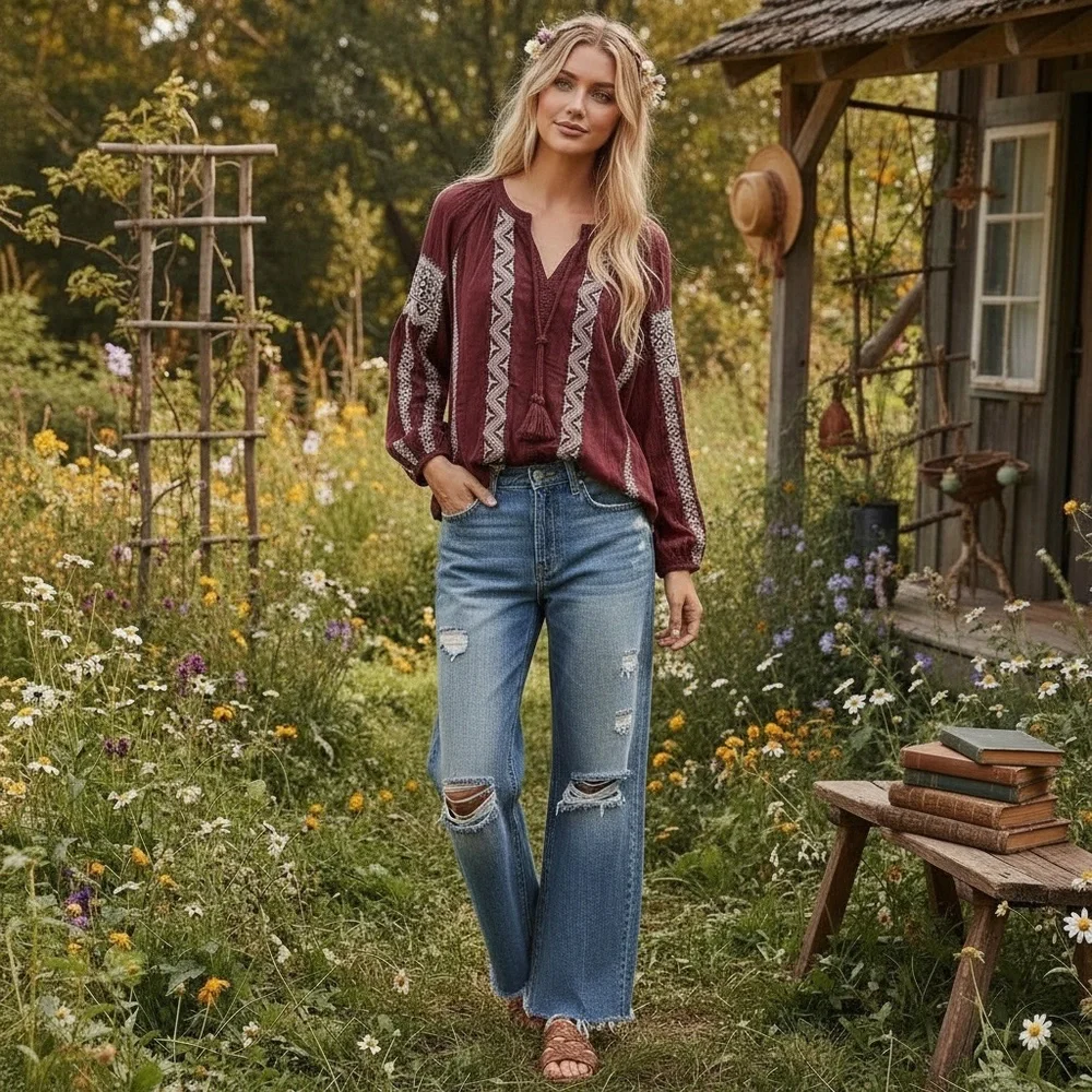 AMERICAN EAGLE Burgundy Peasant Blouse M Boho Top Cottagecore Festival Casual - Picture 4 of 11